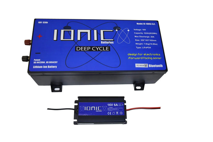 Ionic Lithium 16V 52Ah | Marine Electronics/Sonar LiFePO4 Battery + Charger